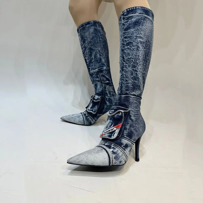 Women's Knee-High Boot Zipper Denim Boots