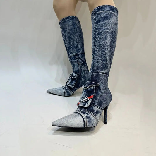 Women's Knee-High Boot Zipper Denim Boots