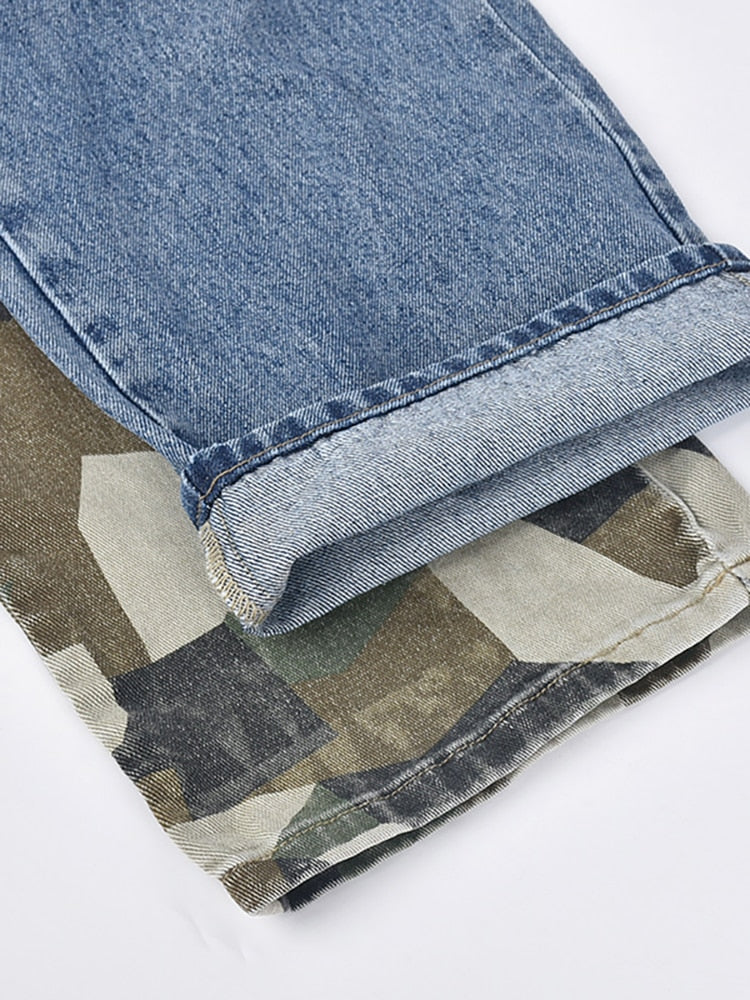 Patchwork High Waist Long Straight Camouflage Denim Pants EMJP TRENDS
