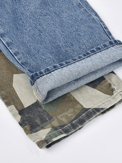 Patchwork High Waist Long Straight Camouflage Denim Pants EMJP TRENDS