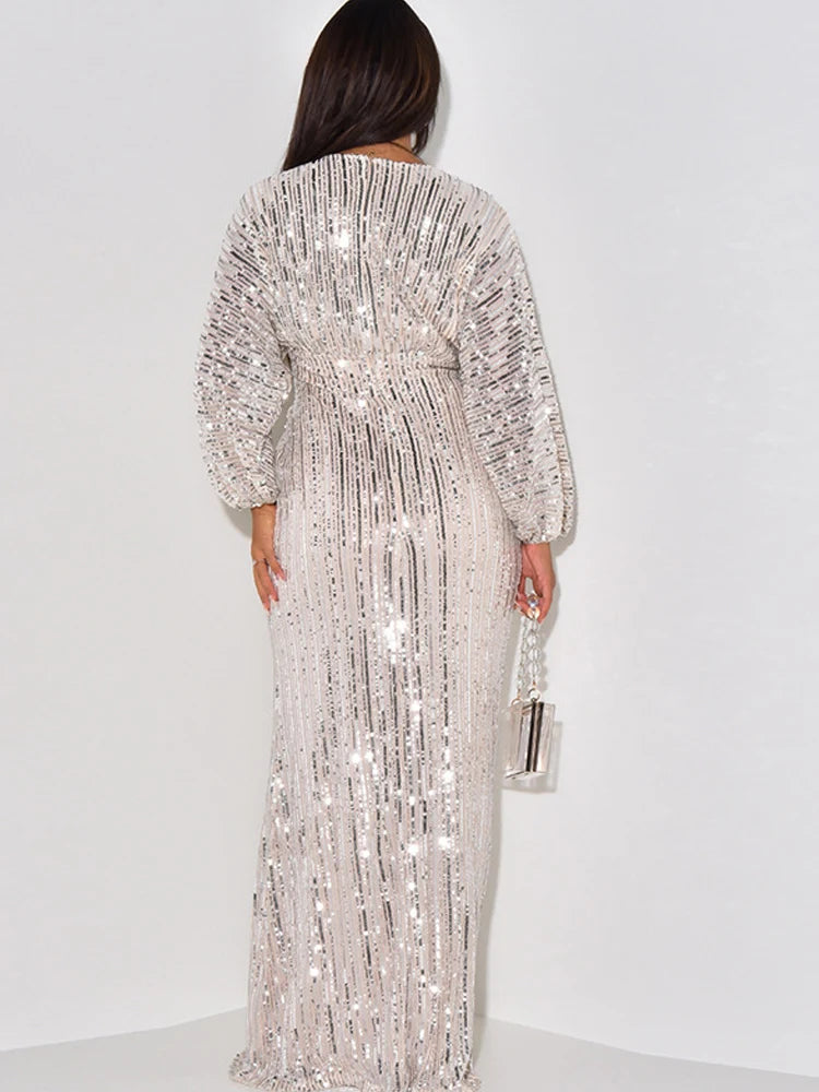 Deep V Neck Sequined Maxi Dress