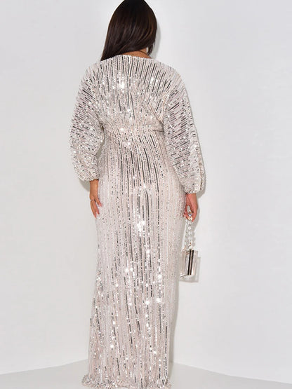 Deep V Neck Sequined Maxi Dress