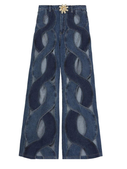 DEAT Fashion Women's Jeans High Waist Cross Contrast Color Hollow Out Metal Button Straight Denim Pants Summer 2023 New 17A8765H EMJP TRENDS