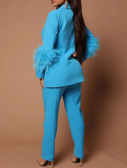 Fur Hem Long Sleeve Blazer Suit and Pants Suits
