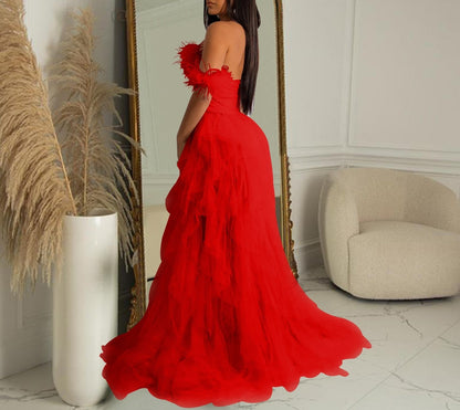 Women Elegant One Shoulder Mesh Feather Dress