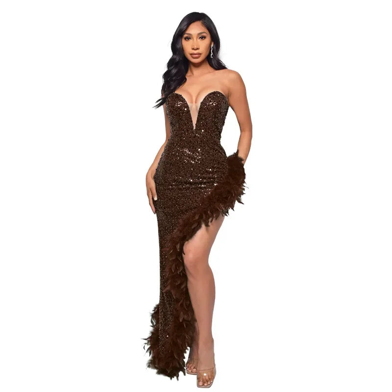 Off Shoulder Sequin Feather Dress