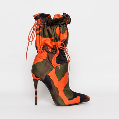 Lace Up Camouflage Print Calf Boots