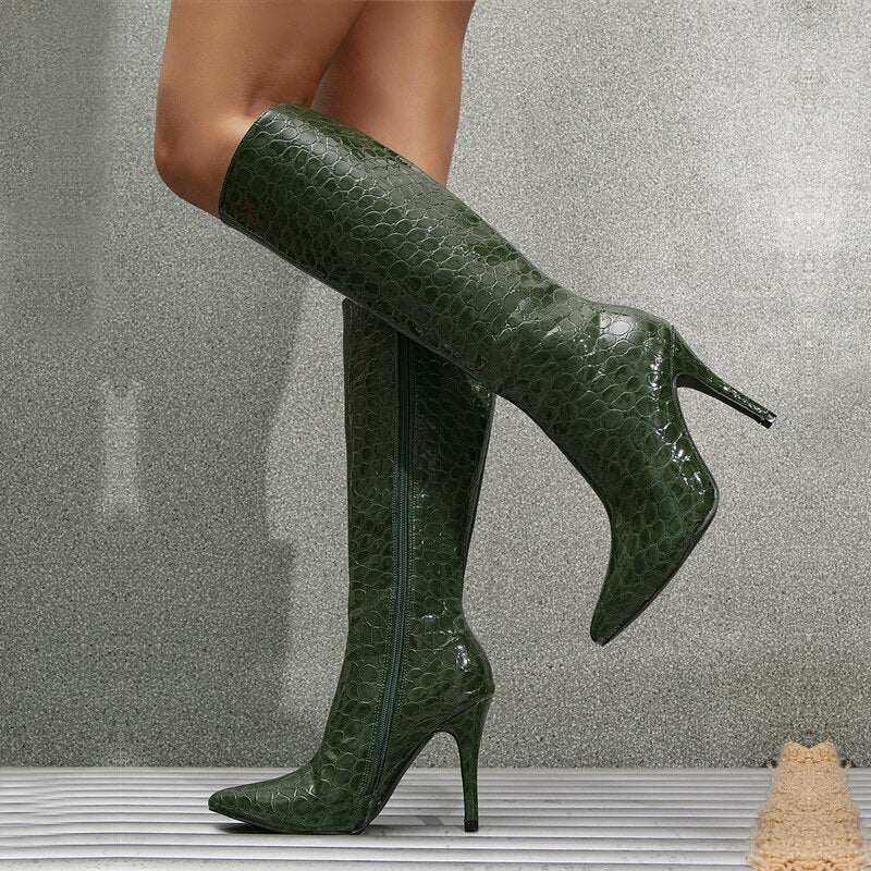 Snake Print Leather Boots Women Knee High Shoes EMJP TRENDS