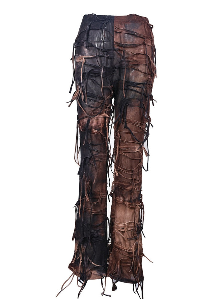 Fringe Lace-up Contract Color Slim Female Pants EMJP TRENDS