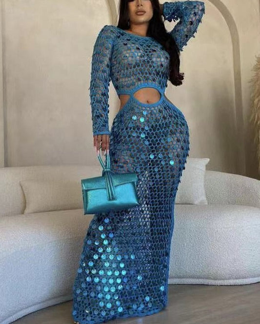 See Through Knitting Hollow Sequins Maxi Dress