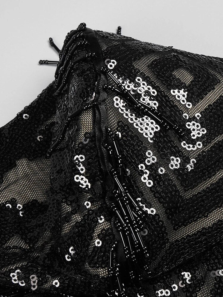 Sequins Mesh Beading Black Mini Dress