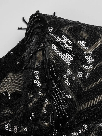 Sequins Mesh Beading Black Mini Dress