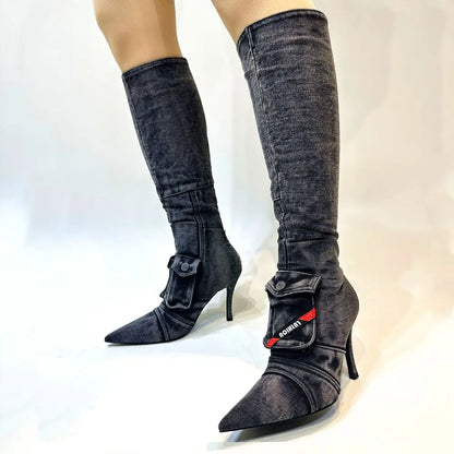 Women's Knee-High Boot Zipper Denim Boots