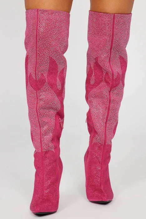 Women Crystal Microfiber Knee High Boots