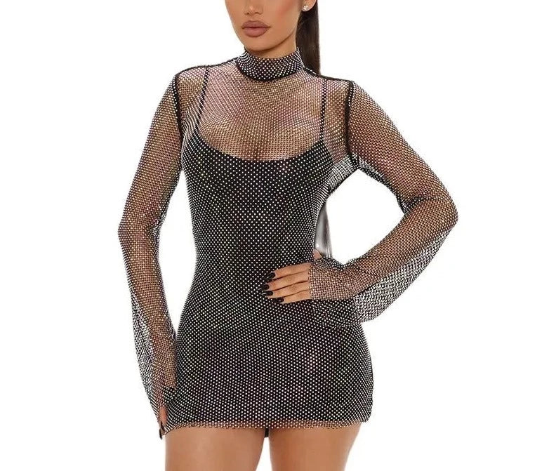 Mesh See Through Turtle Neck Hollow Out Dress