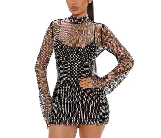 Mesh See Through Turtle Neck Hollow Out Dress