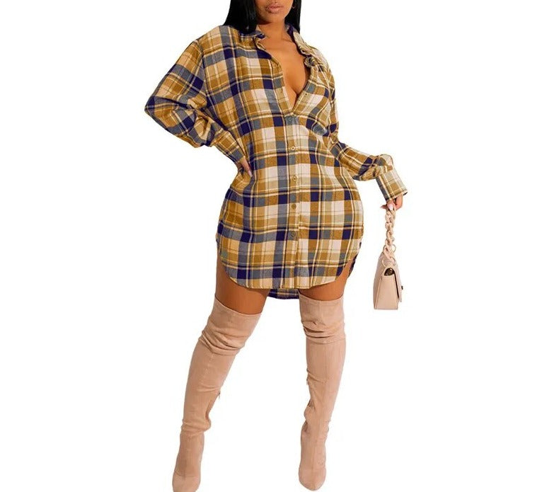 Lapel Dresses Plaid Mini Short Dress