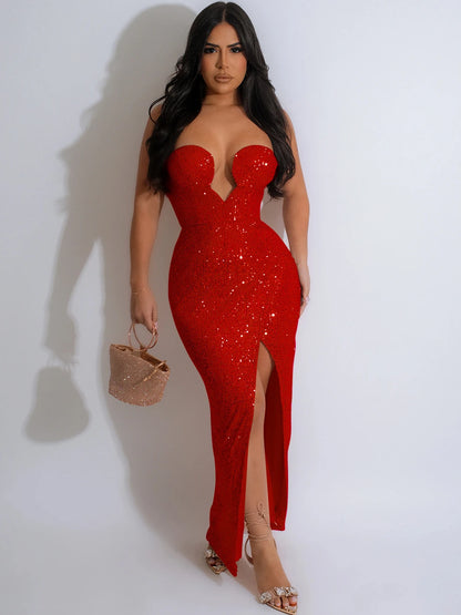Sequins Deep V Strapless Backless Maxi Dress