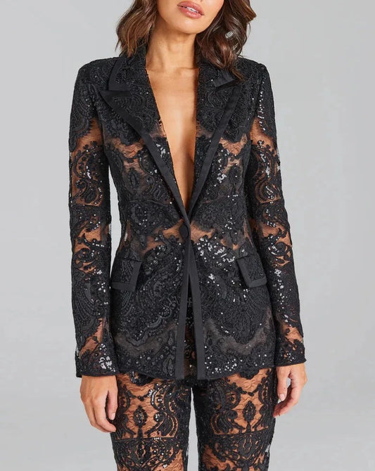 Sequins Women Suits Pants Set-Black