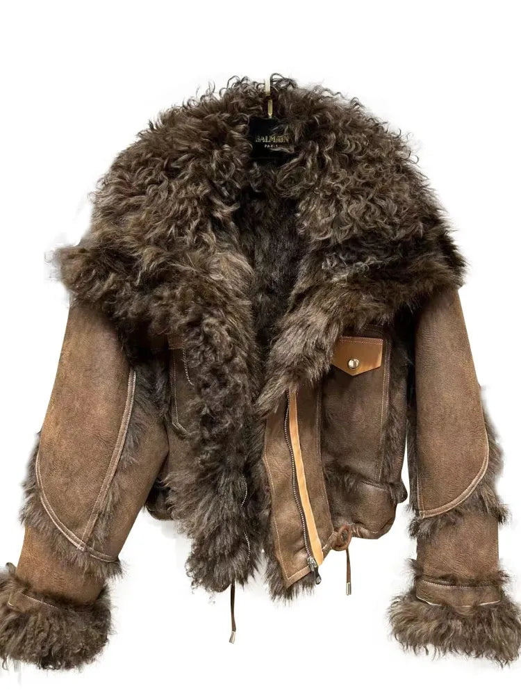 Collar Velvet Sleeve Furry Faux Leather Tops