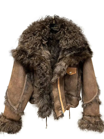Collar Velvet Sleeve Furry Faux Leather Tops