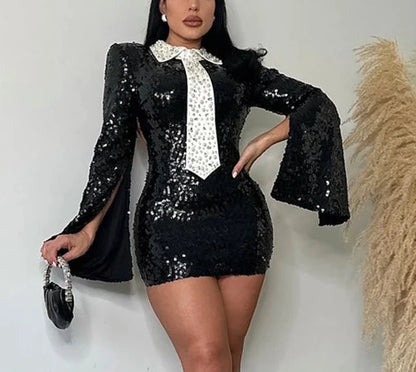 Women's Pearls Sequins Open Back Blazer Dress