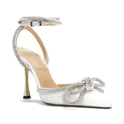 Bow Pumps Sandals Pointed Toe Stiletto Ankle Straps Shoes