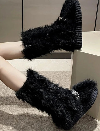 Fur Boots Side Zipper Knee High Booties