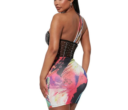 Beaded Strap Mesh Patchwork Dress-Black