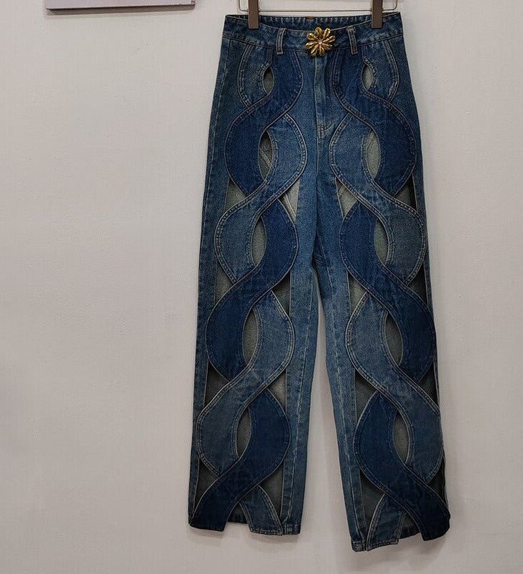 DEAT Fashion Women's Jeans High Waist Cross Contrast Color Hollow Out Metal Button Straight Denim Pants Summer 2023 New 17A8765H EMJP TRENDS