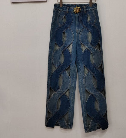 DEAT Fashion Women's Jeans High Waist Cross Contrast Color Hollow Out Metal Button Straight Denim Pants Summer 2023 New 17A8765H EMJP TRENDS