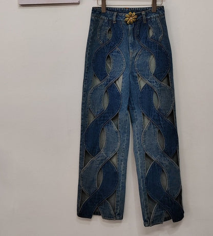 DEAT Fashion Women's Jeans High Waist Cross Contrast Color Hollow Out Metal Button Straight Denim Pants Summer 2023 New 17A8765H EMJP TRENDS