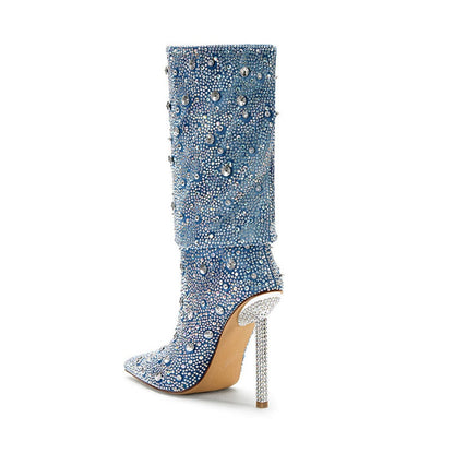 Denim Diamond Metal Thin Heel Boots