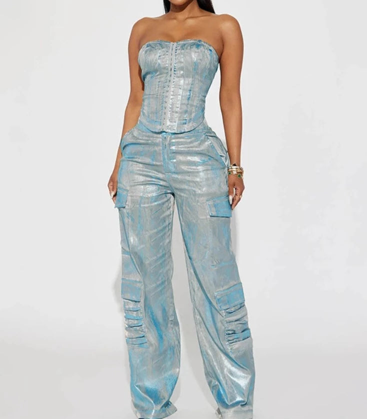 Denim Women's Set Crop Top and Cargo Jeans