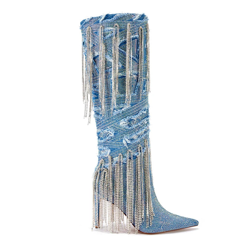 Thin Heels Long  Blue Denim Boots