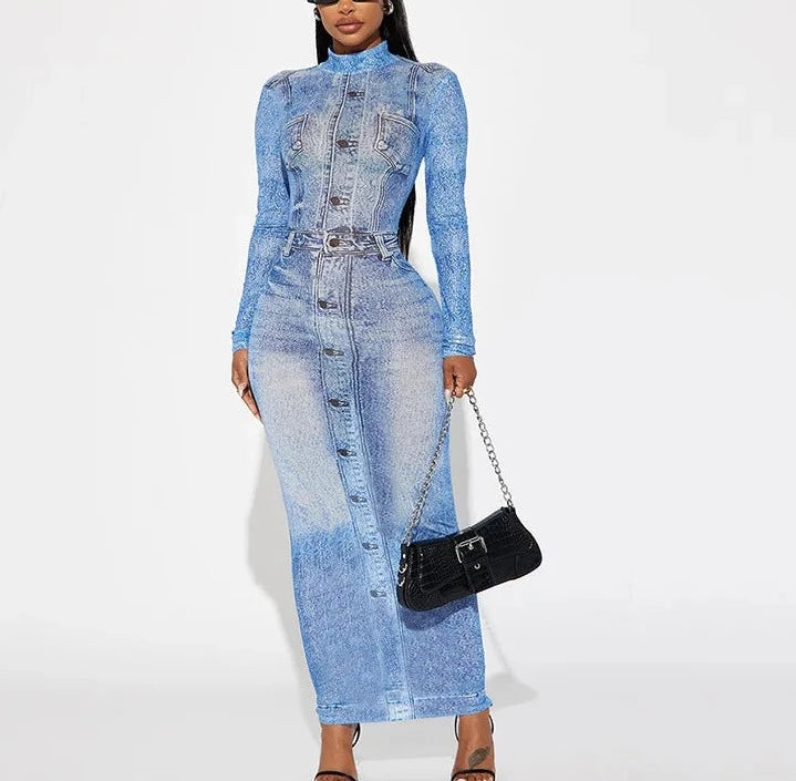 O-neck Fake 3d Printed Midi Maxi Dress