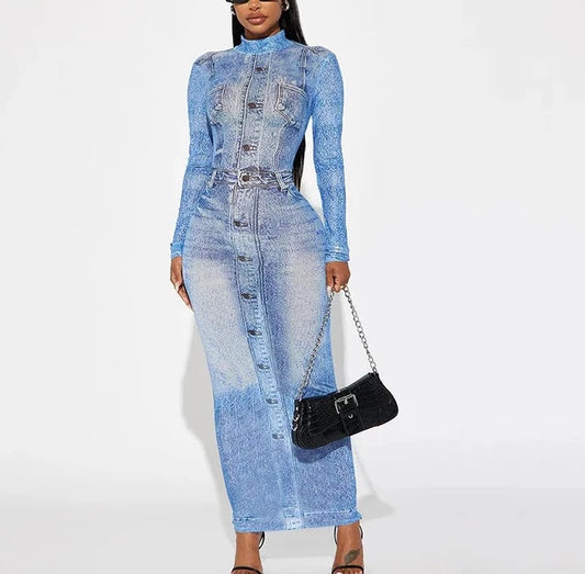 O-neck Fake 3d Printed Midi Maxi Dress