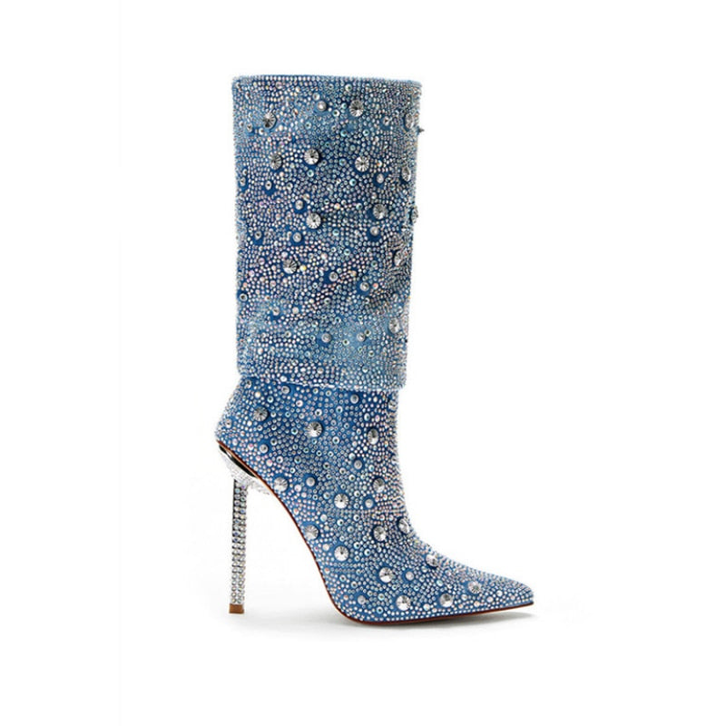 Denim Diamond Metal Thin Heel Boots