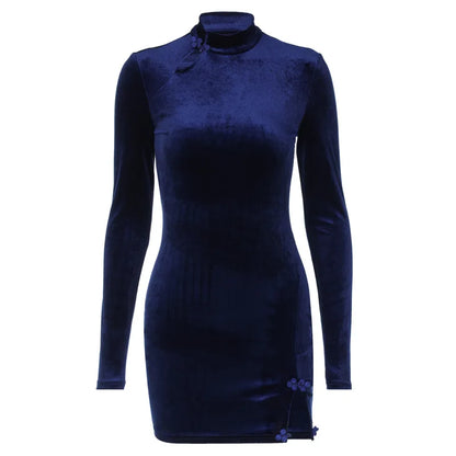 Vintage Bodycon Velvet Mini Dress- Blue