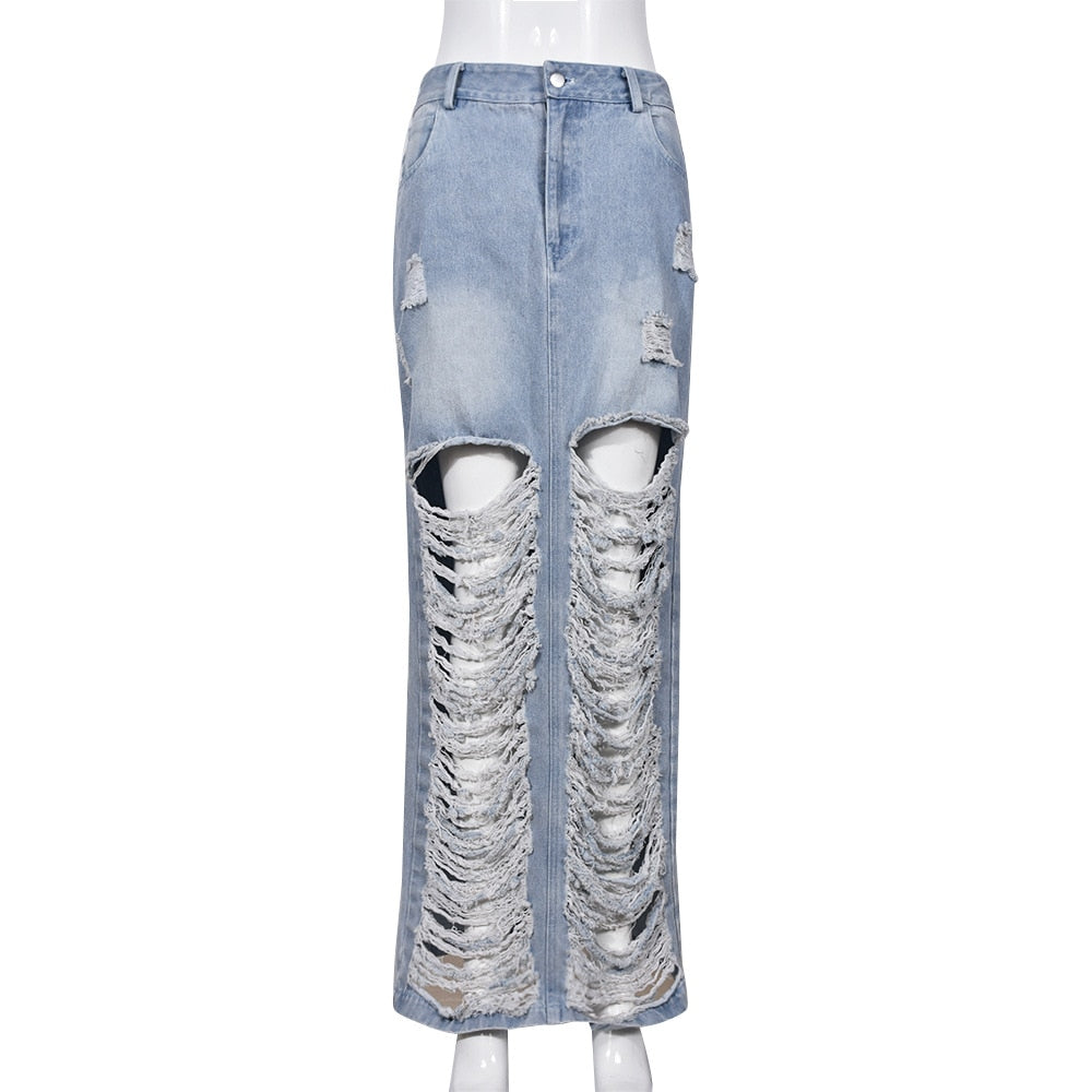 CM.YAYA Women Fashion Ripped Out Hollow Out High Waist Zipper Bodycon Midi Pencil Maxi Long Denim Skirt 2023 Street Jean Skirts EMJP TRENDS