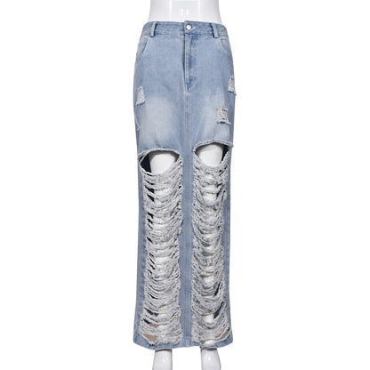 CM.YAYA Women Fashion Ripped Out Hollow Out High Waist Zipper Bodycon Midi Pencil Maxi Long Denim Skirt 2023 Street Jean Skirts EMJP TRENDS