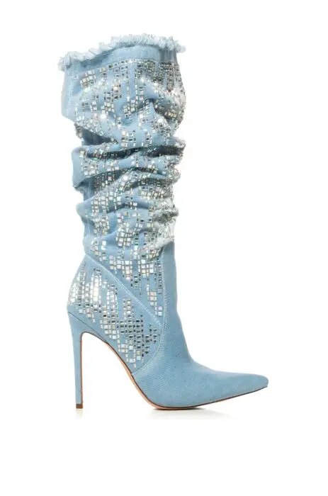 Light Blue Denim Knee High Boots
