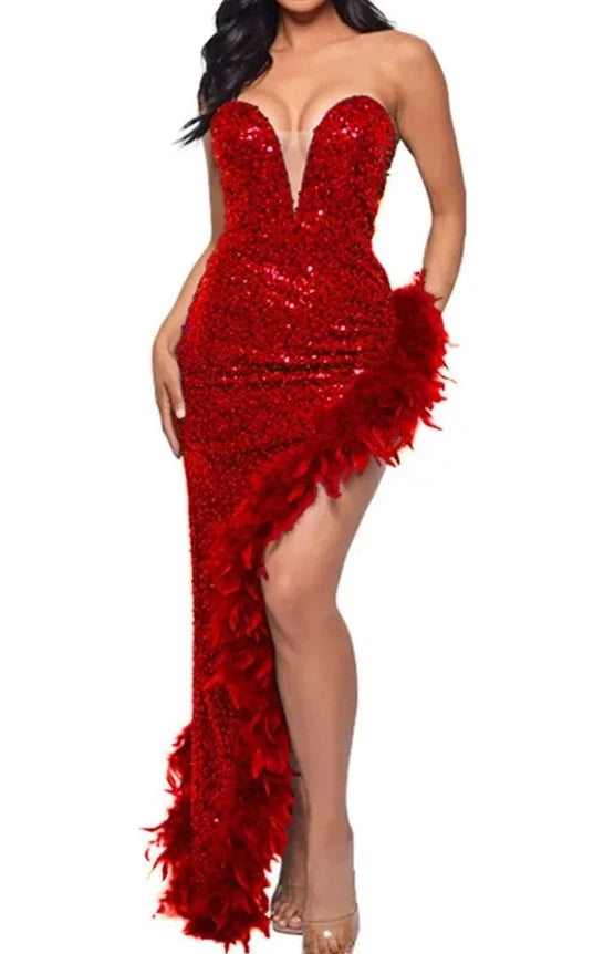 Off Shoulder Sequin Feather Dress