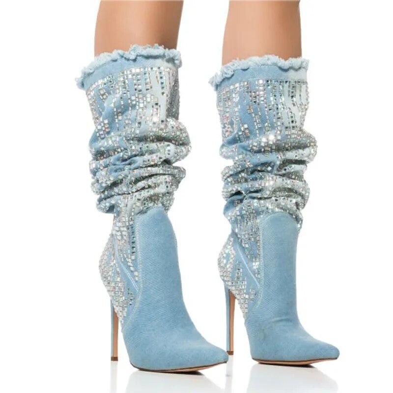 Light Blue Denim Knee High Boots
