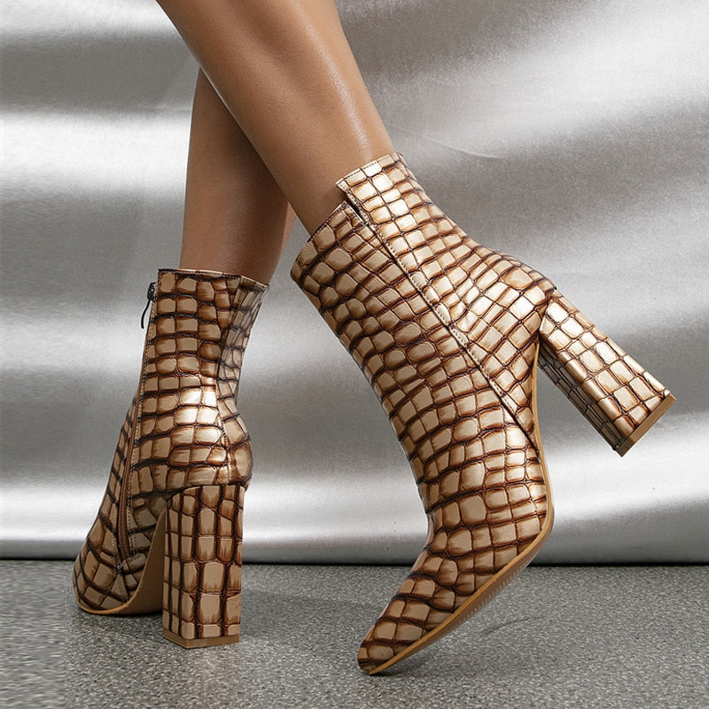 Crocodile Pattern Leather Heels Boots EMJP TRENDS