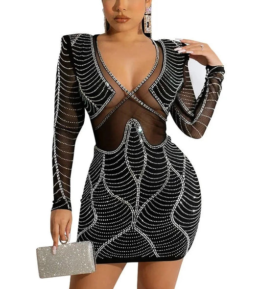 Nude Mesh Rhinestone  Dresses