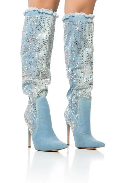 Light Blue Denim Knee High Boots