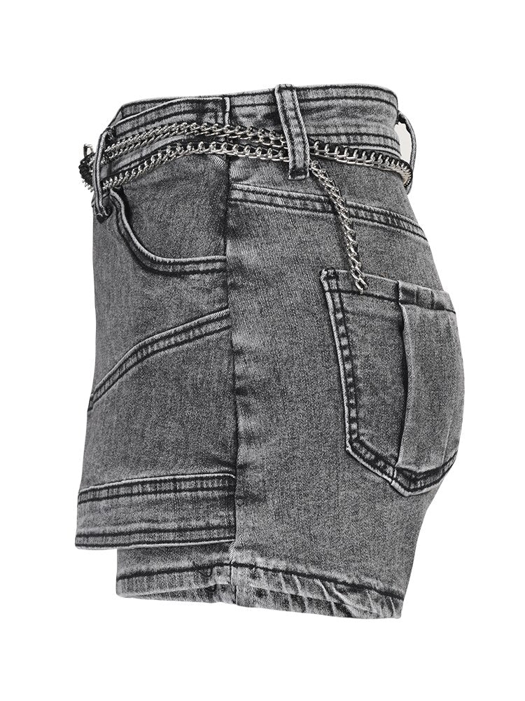 Denim Skirt High Waist Irregular Chain Fake 2 Pcs Mini Grey Skirts EMJP TRENDS