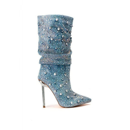 Denim Diamond Metal Thin Heel Boots