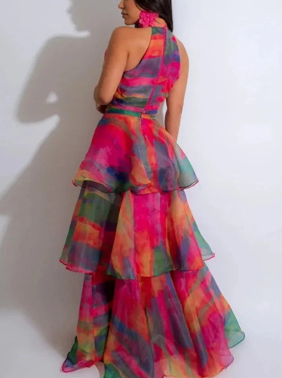 Set Tie Dye Off Shoulder Tops Ruffles Maxi Dress